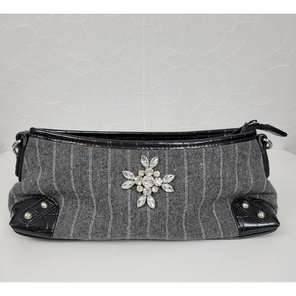 Apt. 9 Womens Shoulder Bag OS Gray Striped Rhinestone Croc Embossed Chain Handle
